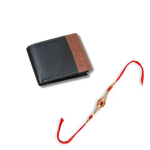 Classy Faux Leather Textured Two Fold Wallet with Rakhi Set