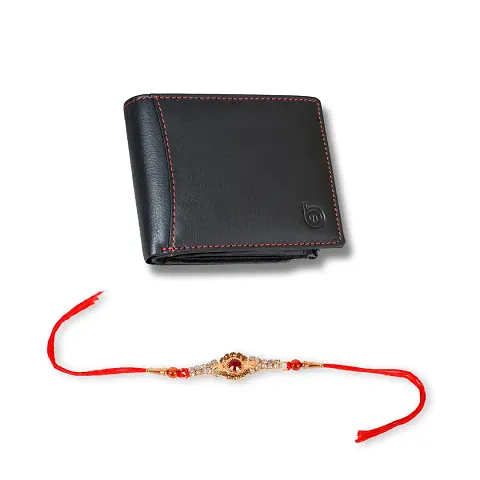 Classy Faux Leather Textured Two Fold Wallet with Rakhi Set