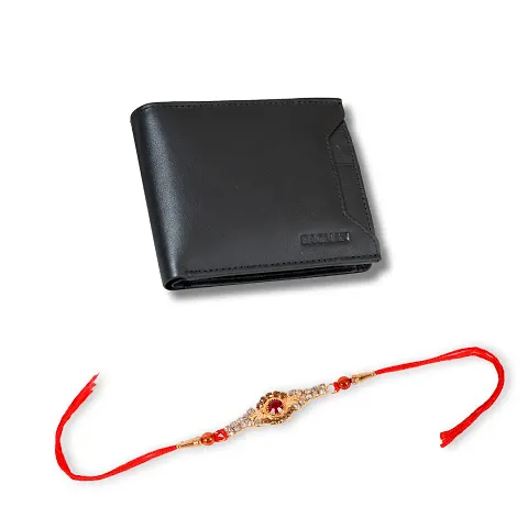 Classy Faux Leather Textured Two Fold Wallet with Rakhi Set