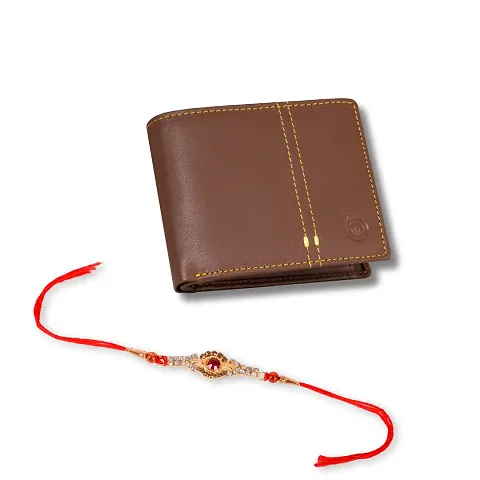 Classy Faux Leather Textured Two Fold Wallet with Rakhi Set