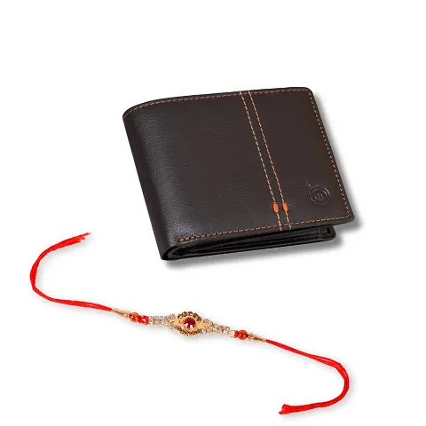 Classy Faux Leather Textured Two Fold Wallet with Rakhi Set