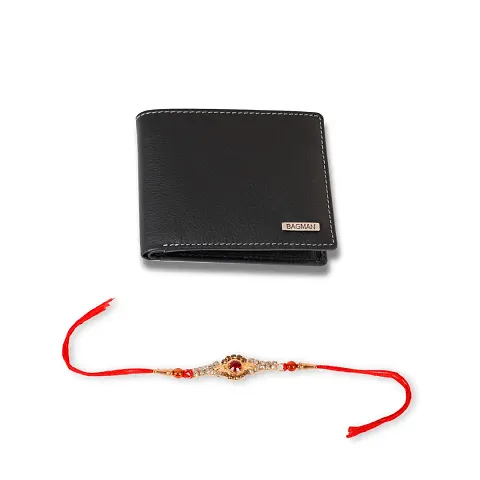 Classy Faux Leather Textured Two Fold Wallet with Rakhi Set