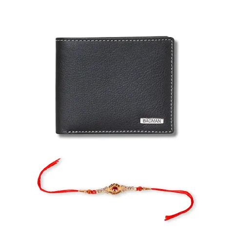 Classy Faux Leather Textured Two Fold Wallet with Rakhi Set