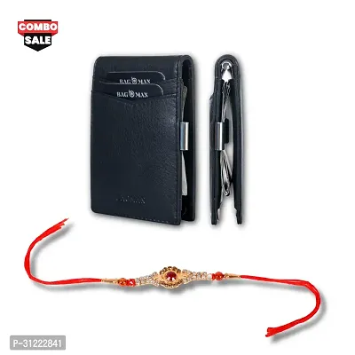 BAGMAN Rakhi Gift Set for Brother - Premium Men's Combo | Gift Set of Leather Money Clip , Rakhi for Brother (BLACK)-thumb0