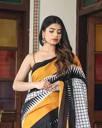 Hastkala Fab Women's Pure Cotton Mulmul Hand Block Printed Ikat Saree with Unstitched Blouse Piece-thumb1