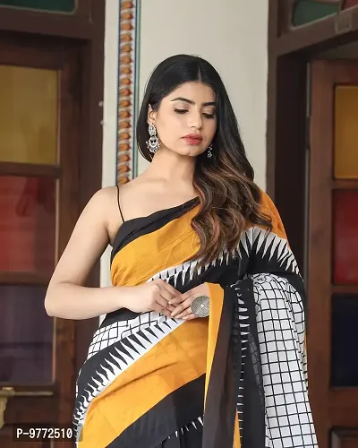 Hastkala Fab Women's Pure Cotton Mulmul Hand Block Printed Ikat Saree with Unstitched Blouse Piece-thumb2