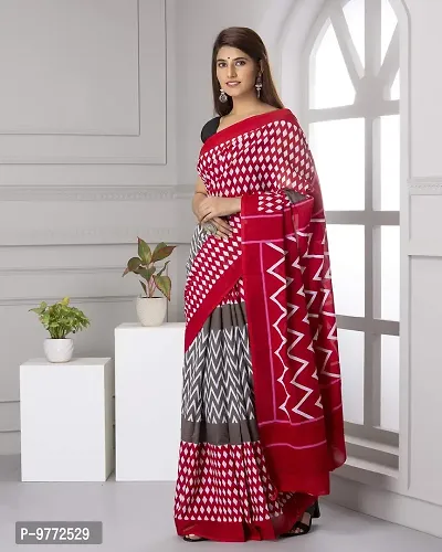 Hastkala Fab Women's Pure Cotton Mulmul Handblock Printed Ikat Saree with Unstitched Blouse Piece-thumb3