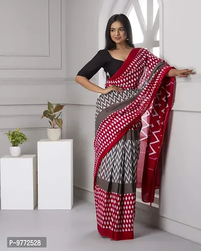 Hastkala Fab Women's Pure Cotton Mulmul Handblock Printed Ikat Saree with Unstitched Blouse Piece-thumb5