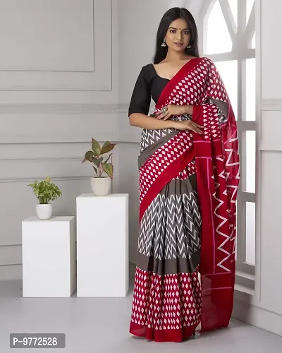 Hastkala Fab Women's Pure Cotton Mulmul Handblock Printed Ikat Saree with Unstitched Blouse Piece-thumb2