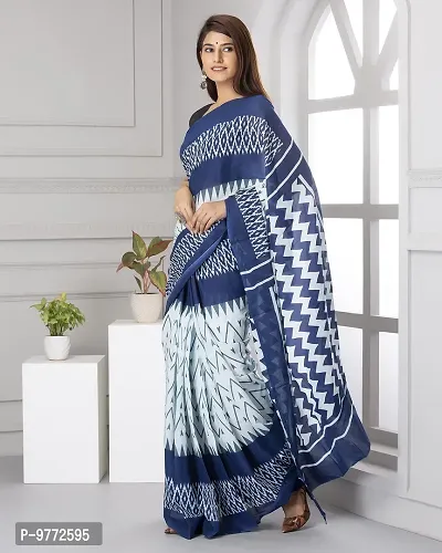 Hastkala Fab Women's Pure Cotton Mulmul Ikat Hand Block Printed Saree with Unstitched Blouse-thumb3