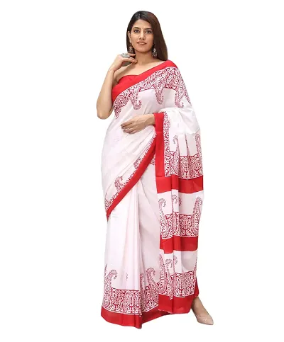 Women Mulmul Saree WIth Blouse Piece (White)