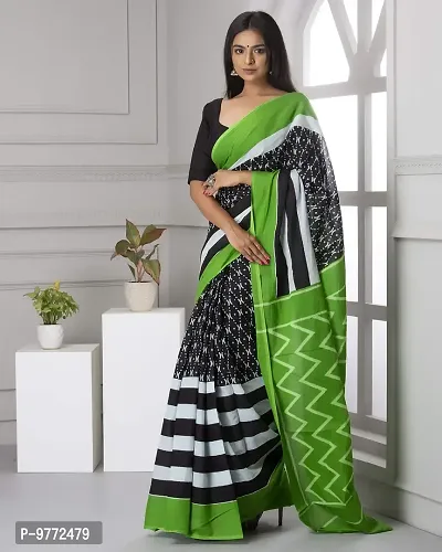 Hastkala Fab Women's Pure Cotton Mulmul Handblock Printed Ikat Saree with Unstitched Blouse Piece-thumb3