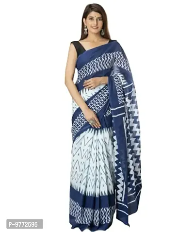 Hastkala Fab Women's Pure Cotton Mulmul Ikat Hand Block Printed Saree with Unstitched Blouse