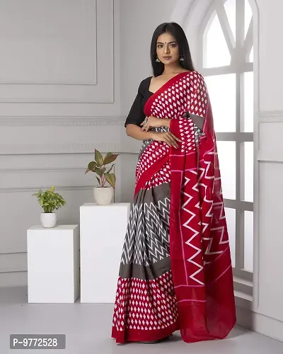 Hastkala Fab Women's Pure Cotton Mulmul Handblock Printed Ikat Saree with Unstitched Blouse Piece-thumb3