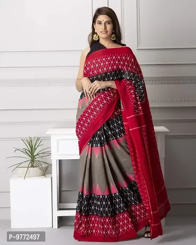 Hastkala Fab Women's Ikat Cotton Saree With Blouse Piece (HASTKALAFAB-010-10_Brown, Red, Black)-thumb2