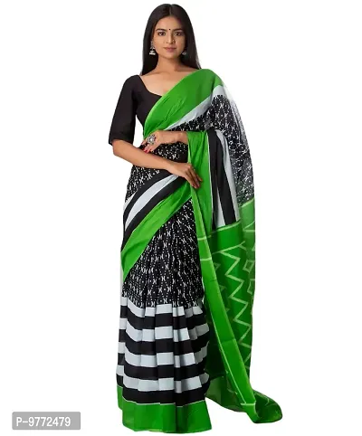 Hastkala Fab Women's Pure Cotton Mulmul Handblock Printed Ikat Saree with Unstitched Blouse Piece