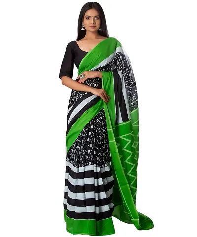 Hastkala Fab Women's Pure Mulmul Handblock Ikat Saree with Unstitched Blouse Piece