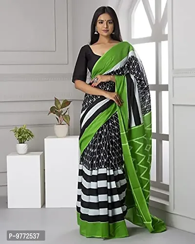 Hastkala Fab Women's Pure Cotton Mulmul Ikat Hand Block Printed Saree with Blouse Piece-thumb3