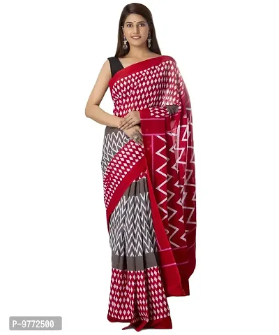 Hastkala Fab Women's Cotton Mulmul Ikat Hand Block Printed Saree with Unstitched Blouse-thumb0