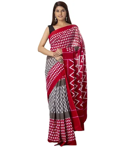 Hastkala Fab Women's Mulmul Ikat Hand Block Saree with Unstitched Blouse