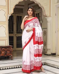 Hastkala Fab Women Cotton Mulmul Ikat Hand Block Printed Saree with Unstitched Blouse Piece-thumb2