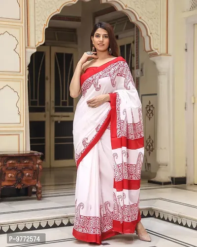 Hastkala Fab Women Cotton Mulmul Ikat Hand Block Printed Saree with Unstitched Blouse Piece-thumb3