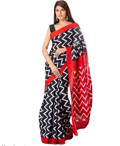 Hastkala Fab Women's Pure Cotton Mulmul Handblock Printed Ikat Saree with Unstitched Blouse Piece