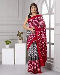 Hastkala Fab Women's Pure Cotton Mulmul Handblock Printed Ikat Saree with Unstitched Blouse Piece-thumb1