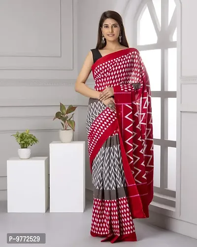 Hastkala Fab Women's Pure Cotton Mulmul Handblock Printed Ikat Saree with Unstitched Blouse Piece-thumb2