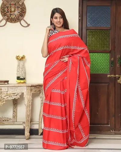 Hastkala Fab Women's Pure Cotton Mulmul Ikat Hand Block Printed Saree with Unstitched Blouse Piece-thumb2