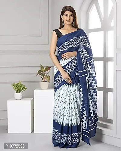 Hastkala Fab Women's Pure Cotton Mulmul Ikat Hand Block Printed Saree with Unstitched Blouse-thumb2