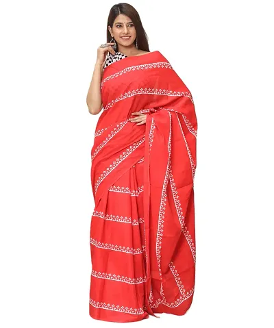 Hastkala Fab Women's Pure Mulmul Ikat Hand Block Saree with Unstitched Blouse Piece