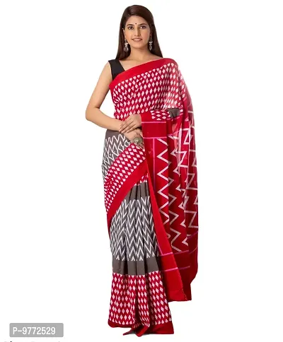 Hastkala Fab Women's Pure Cotton Mulmul Handblock Printed Ikat Saree with Unstitched Blouse Piece