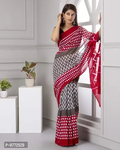 Hastkala Fab Women's Pure Cotton Mulmul Handblock Printed Ikat Saree with Unstitched Blouse Piece-thumb5