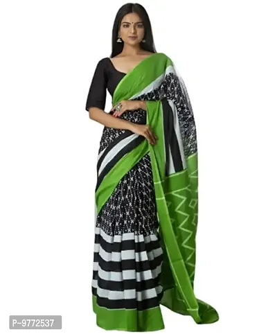 Hastkala Fab Women's Pure Cotton Mulmul Ikat Hand Block Printed Saree with Blouse Piece-thumb0