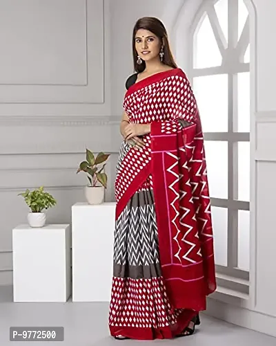 Hastkala Fab Women's Cotton Mulmul Ikat Hand Block Printed Saree with Unstitched Blouse-thumb4