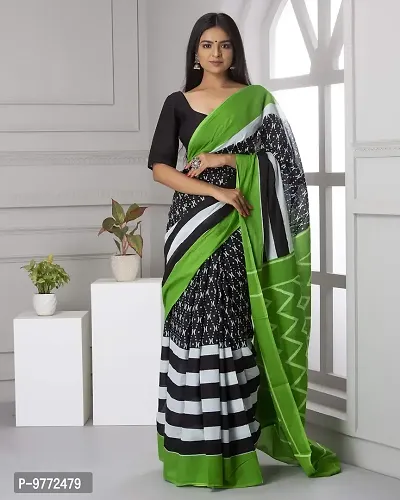 Hastkala Fab Women's Pure Cotton Mulmul Handblock Printed Ikat Saree with Unstitched Blouse Piece-thumb2