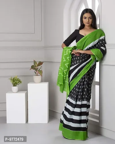 Hastkala Fab Women's Pure Cotton Mulmul Handblock Printed Ikat Saree with Unstitched Blouse Piece-thumb5