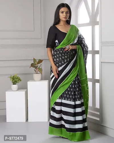 Hastkala Fab Women's Pure Cotton Mulmul Handblock Printed Ikat Saree with Unstitched Blouse Piece-thumb4