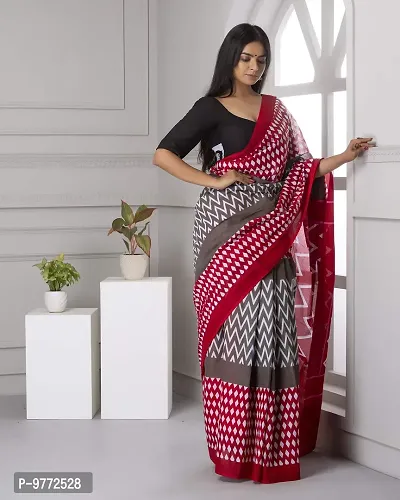 Hastkala Fab Women's Pure Cotton Mulmul Handblock Printed Ikat Saree with Unstitched Blouse Piece-thumb4