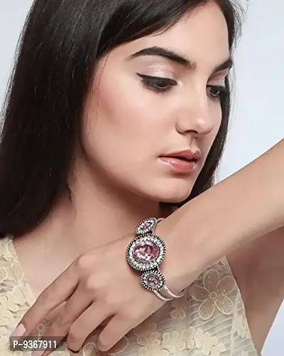 Chooseberry Silver Plated Big Crystal Cuff  Kada Bracelet for Girls  Women Wedding  Party Wear Bollywood Style-thumb2