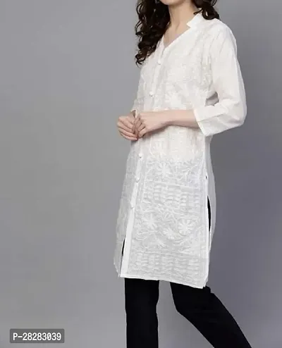 Stylish White Cotton Embroidered Kurta For Women-thumb0
