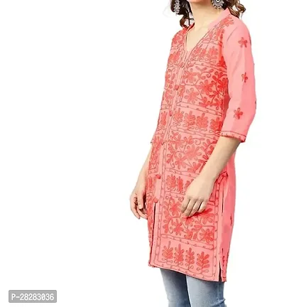 Stylish Peach Cotton Embroidered Kurta For Women-thumb0