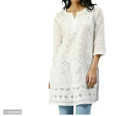 Stylish White Cotton Self Pattern Kurta For Women-thumb0