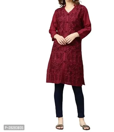 Stylish Maroon Cotton Embroidered Kurta For Women-thumb0