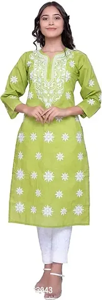 Stylish Green Cotton Embroidered Kurta For Women