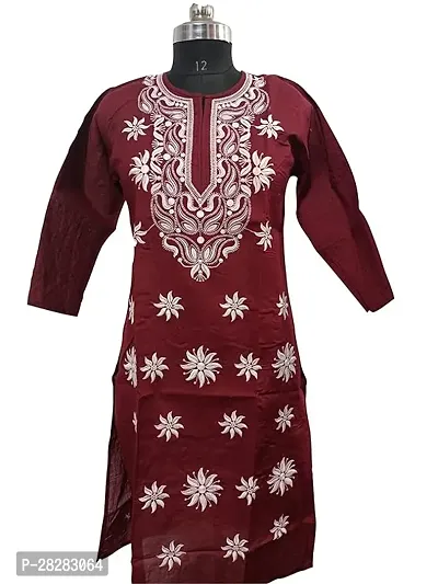 Stylish Maroon Cotton Embroidered Kurta For Women