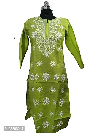 Stylish Green Cotton Embroidered Kurta For Women