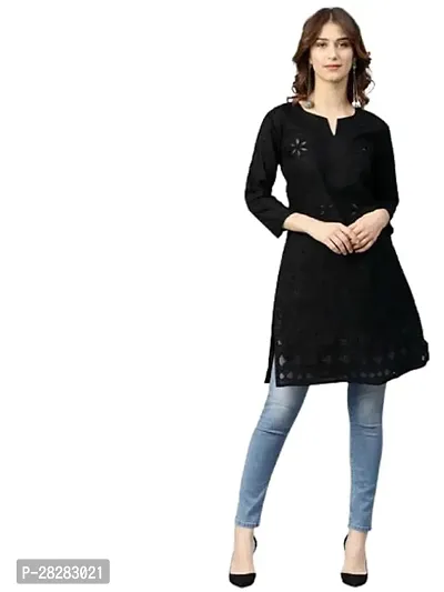 Stylish Black Cotton Self Pattern Kurta For Women-thumb0