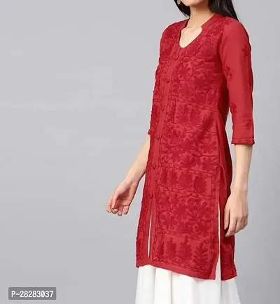 Stylish Red Cotton Embroidered Kurta For Women
